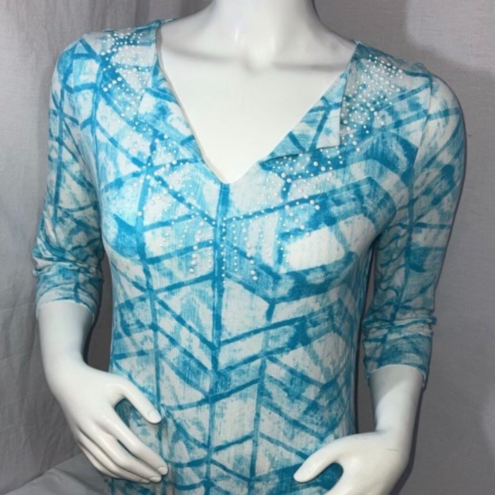 Womens Chico's Blouse 3/4 Sleeve V-Neck Stripe Blue And White Size 0